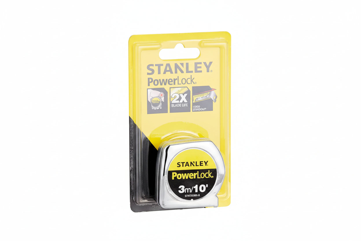 Stanley PowerLock tape measure in packaging with yellow background