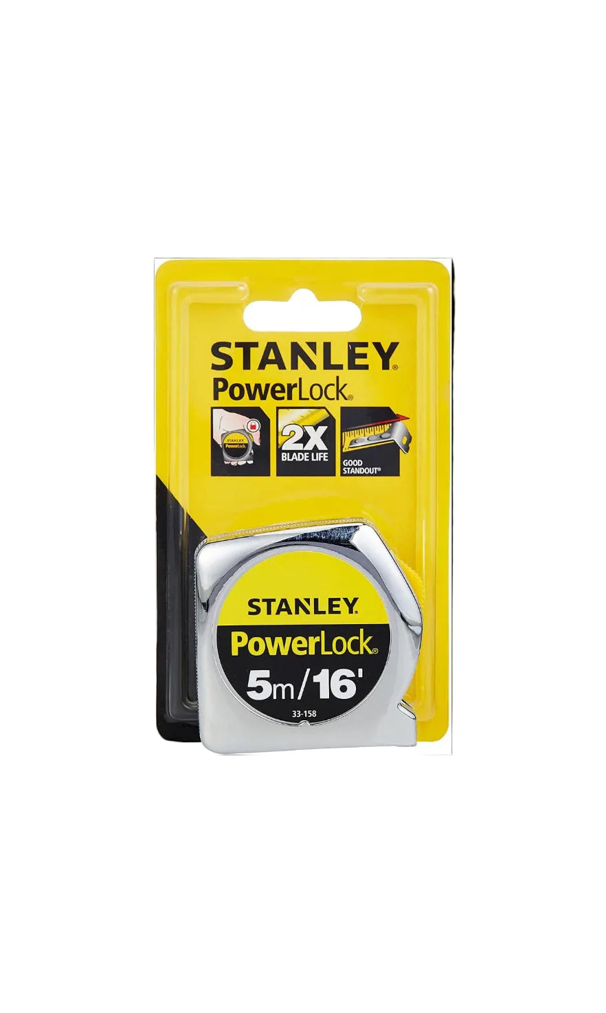 Stanley PowerLock tape measure packaging with yellow background