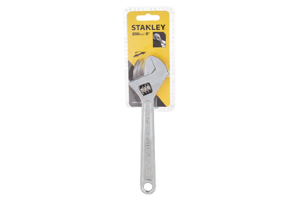Stanley adjustable wrench on a yellow and black packaging background