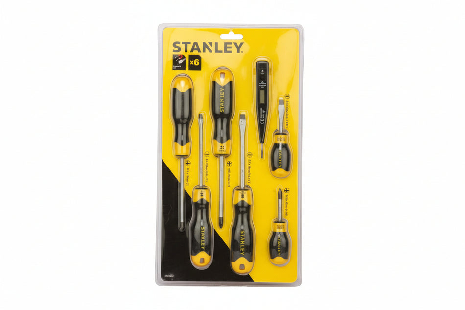 Stanley screwdriver set packaging with multiple screwdrivers on a yellow and black background