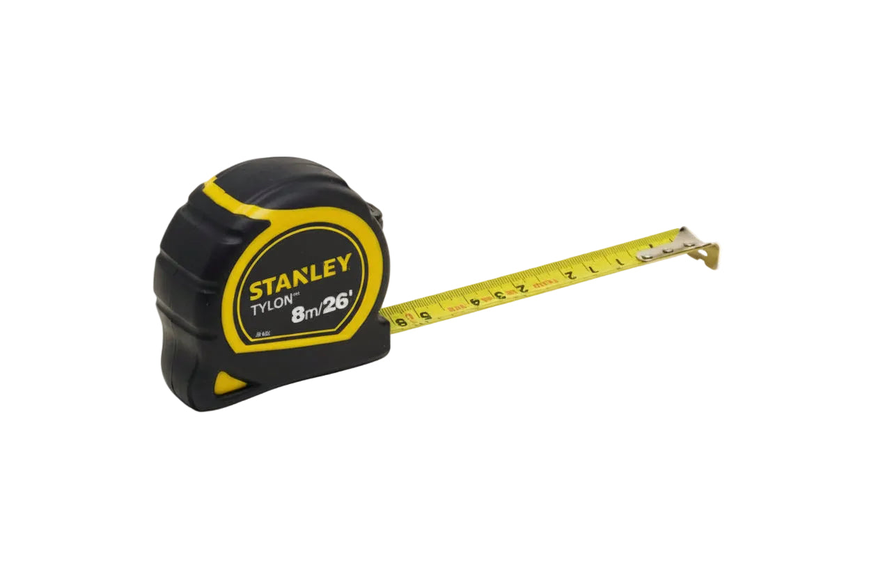 Stanley tape measure with black and yellow design on a white background