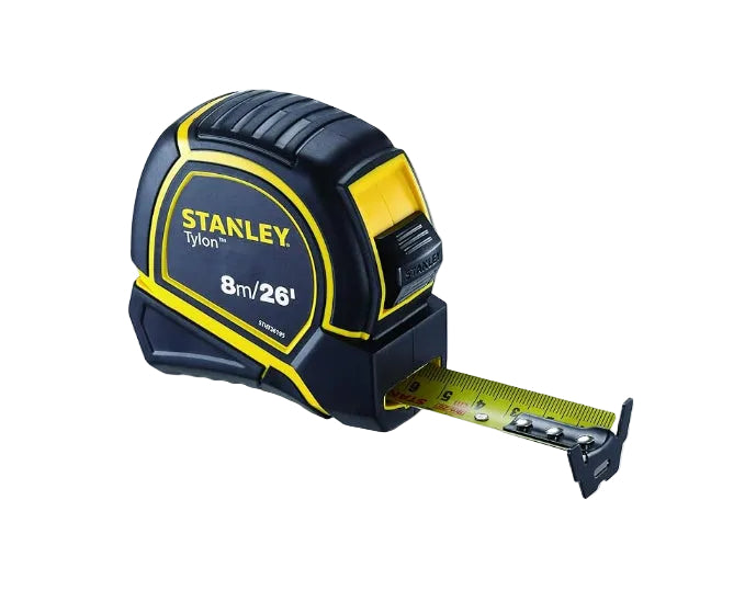 Stanley tape measure with extended tape on a white background