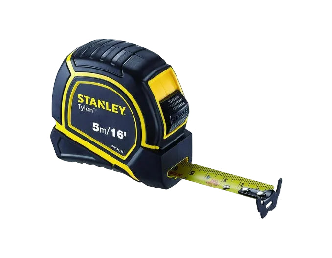 Stanley tape measure with extended tape on a white background