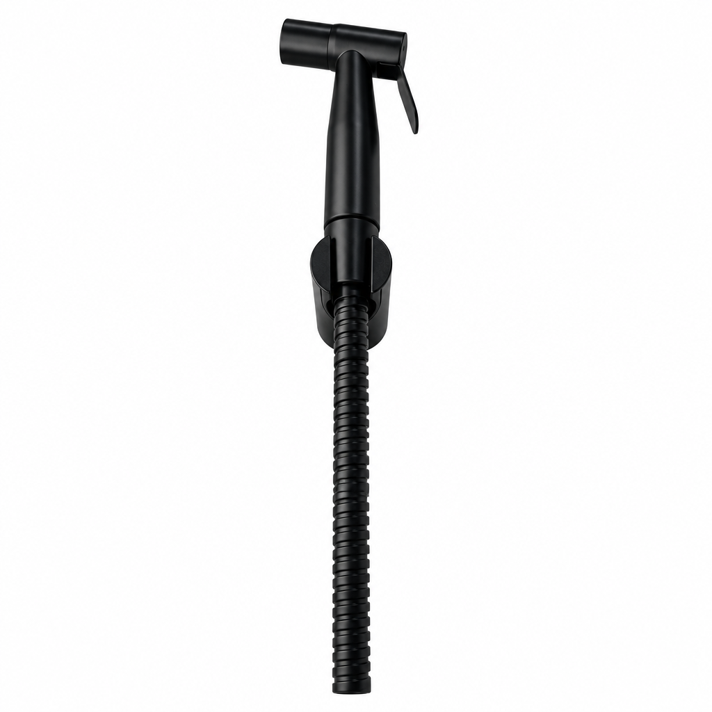 A black handheld shower sprayer with a flexible coiled hose