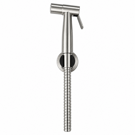 A wall-mounted bidet sprayer with a flexible metal hose, featuring a brushed stainless steel finish and a circular black accent plate