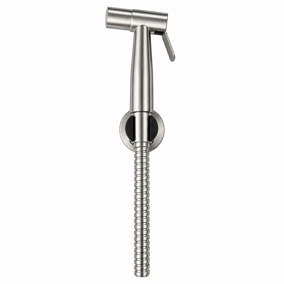 A wall-mounted bidet sprayer with a flexible metal hose, featuring a brushed stainless steel finish and a circular black accent plate