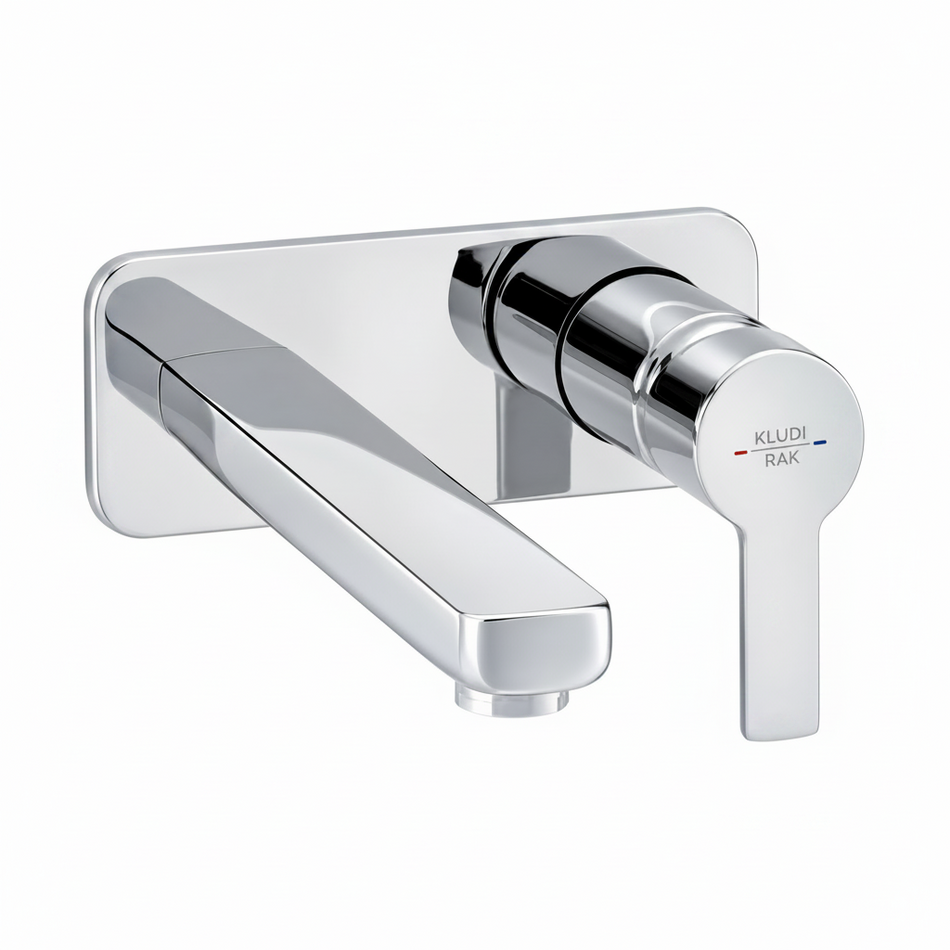 A polished chrome wall-mounted bathroom faucet with a single lever handle.