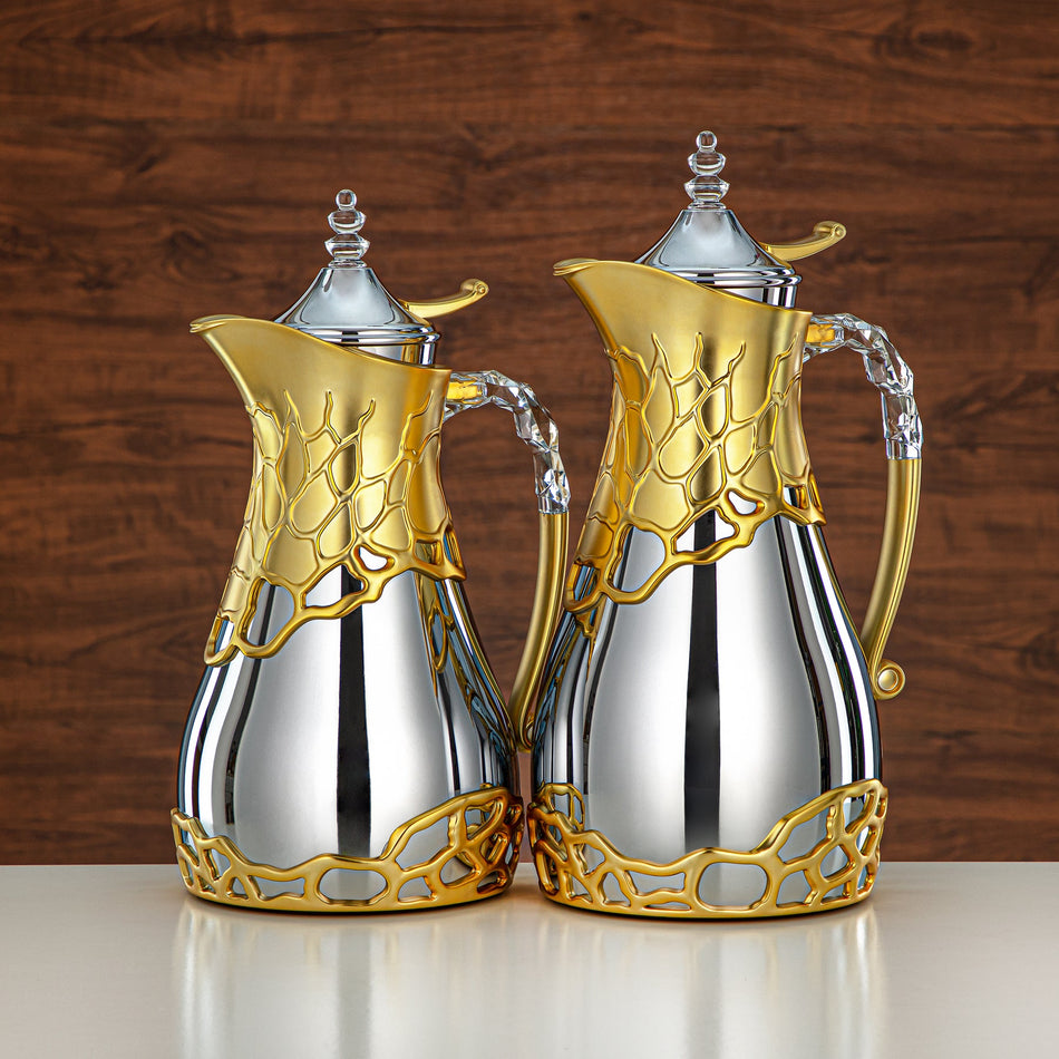 Almarjan Vacuum Flask Set Metal Body 0.7L & 1L ABS & Acrylic Handle (VBC-0700/1000 CE22) – Silver & Matt Gold Tea & Coffee Serving