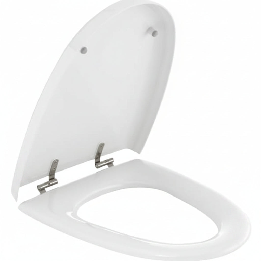 A white toilet seat and lid set with silver metal hinges