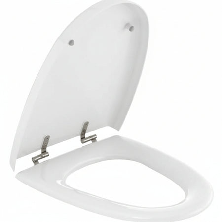 A white toilet seat and lid set with silver metal hinges