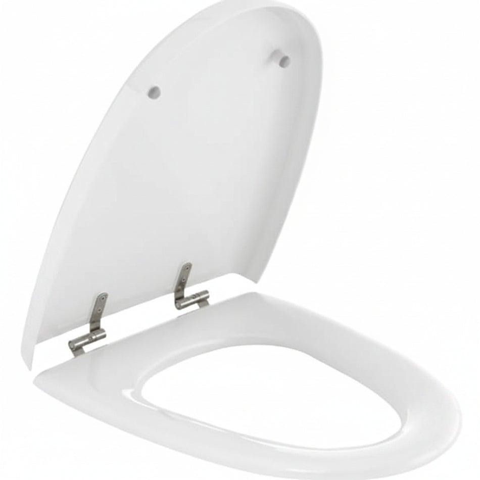 A white toilet seat and lid set with silver metal hinges