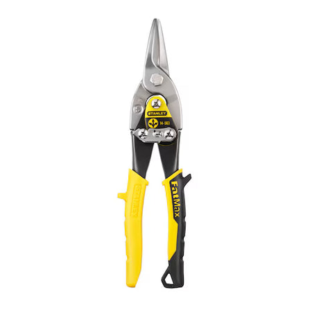 Pair of aviation snips with yellow and black handles on a white background