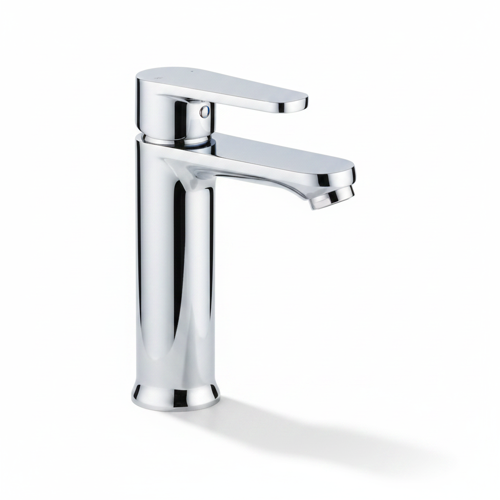 Chrome bathroom faucet on a white background