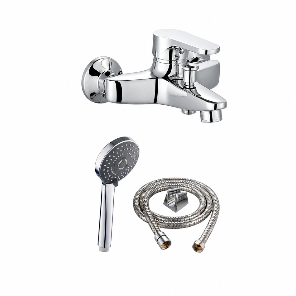 Chrome bath faucet set with handheld shower and hose 
