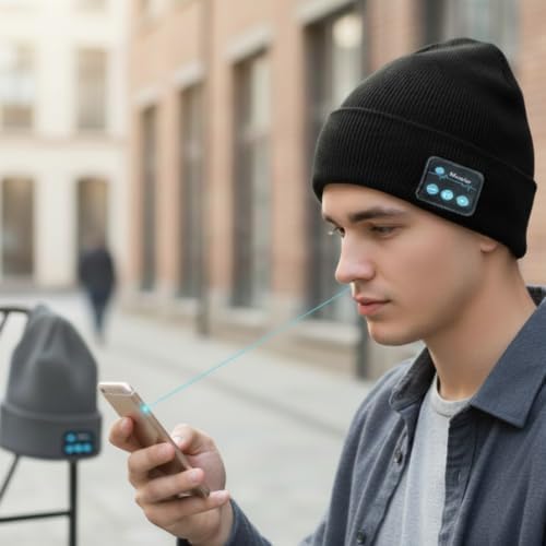 black beanie with Bluetooth speaker