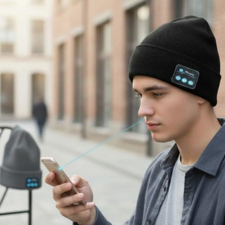 black beanie with Bluetooth speaker