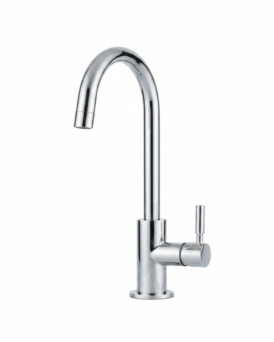 Chrome kitchen faucet on a white background