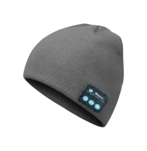 Gray beanie with Bluetooth speaker on a white background