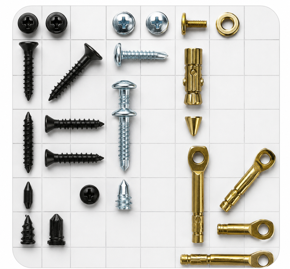 Collection of screws and nails on a white grid background