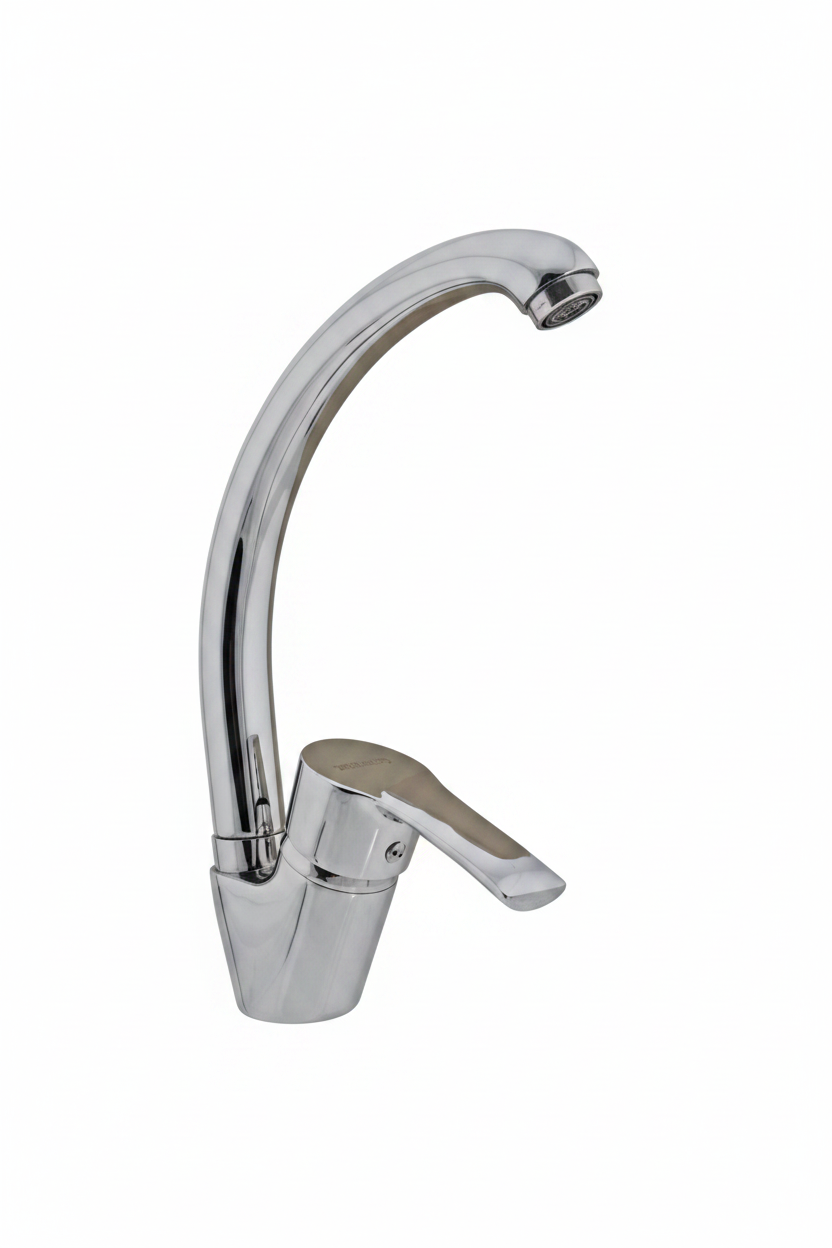Chrome kitchen faucet on a white background