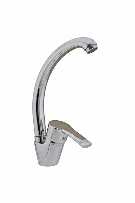 Chrome kitchen faucet on a white background