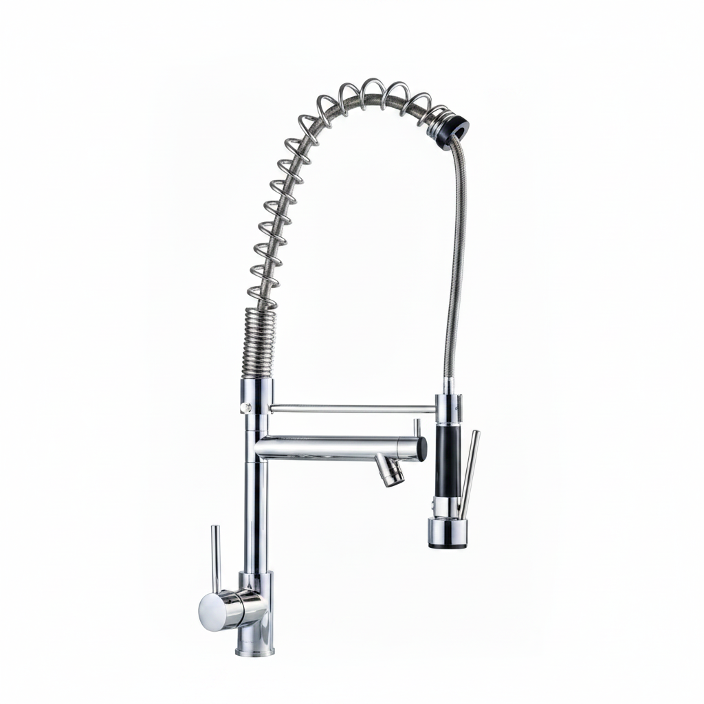 Chrome kitchen faucet with a sprayer 