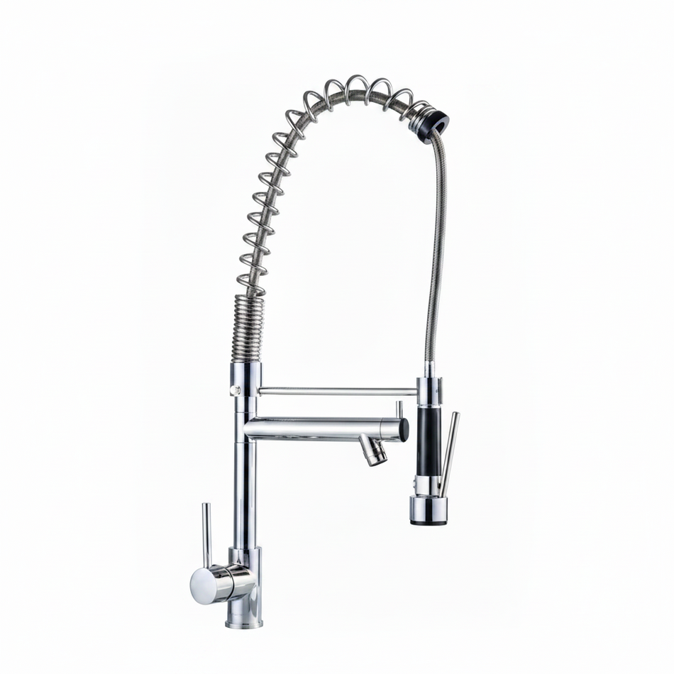 Chrome kitchen faucet with a sprayer 