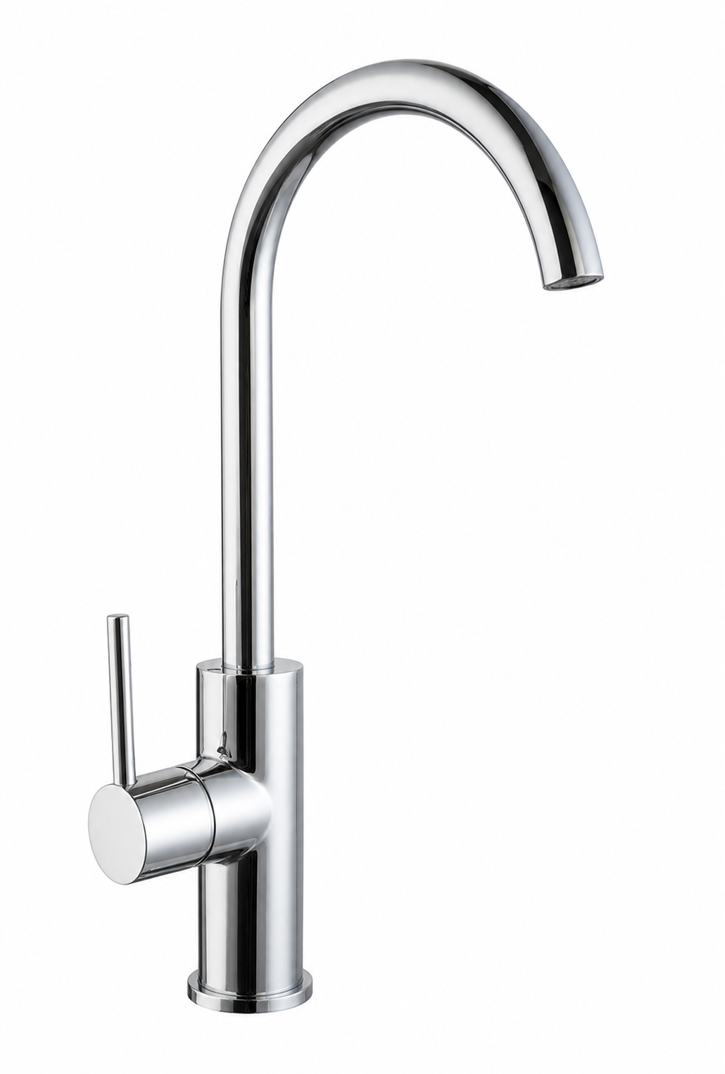 Chrome kitchen faucet on a white background