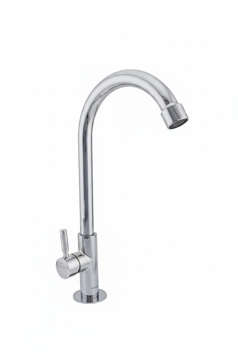 Chrome kitchen faucet on a white background