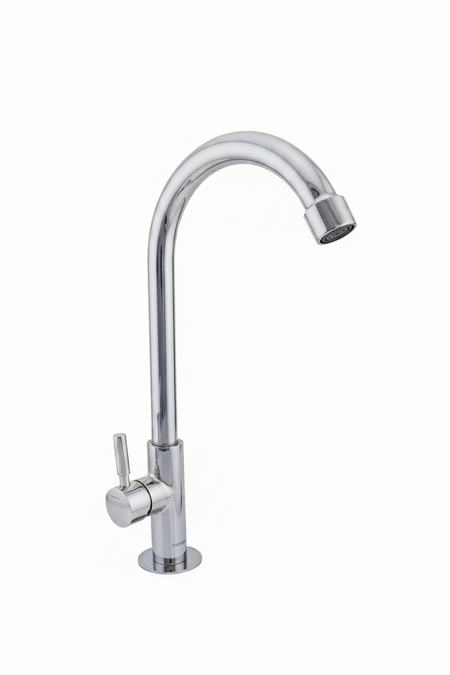 Chrome kitchen faucet on a white background