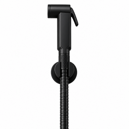 A black wall-mounted bathroom bidet sprayer with a flexible hose, shown mounted on a beige tiled wall.