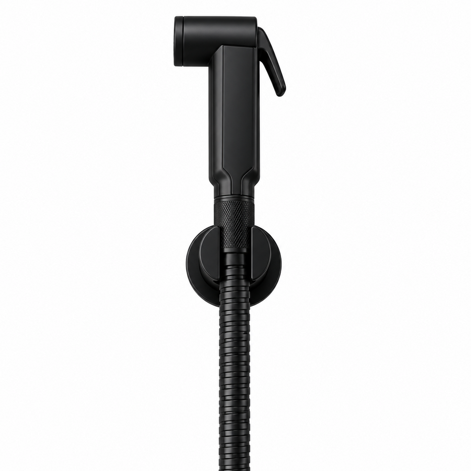 A black wall-mounted bathroom bidet sprayer with a flexible hose, shown mounted on a beige tiled wall.