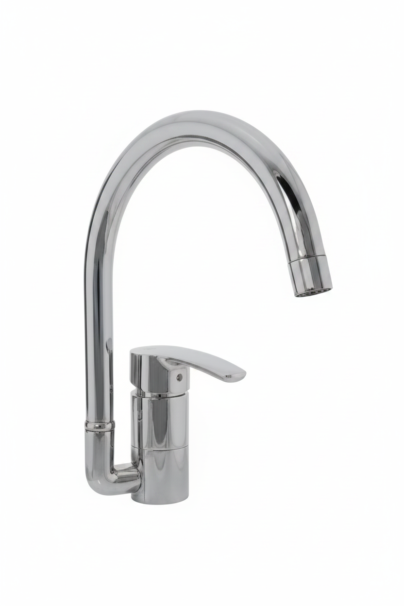 Chrome kitchen faucet on a white background