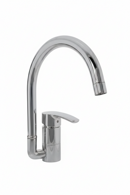 Chrome kitchen faucet on a white background