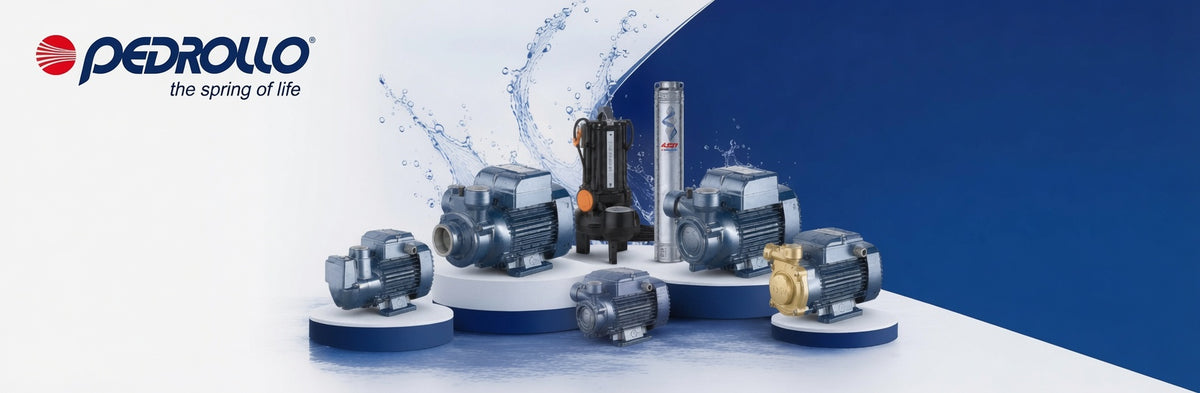A promotional product lineup of Pedrollo water pumps and a vertical pump on rotating display platforms, set against a split white and blue background with water splash graphics and the Pedrollo logo in the top left.