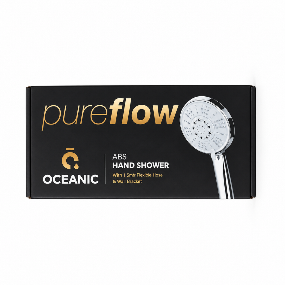 Oceanic Pureflow ABS Hand Shower retail packaging box standing upright on a reflective black surface