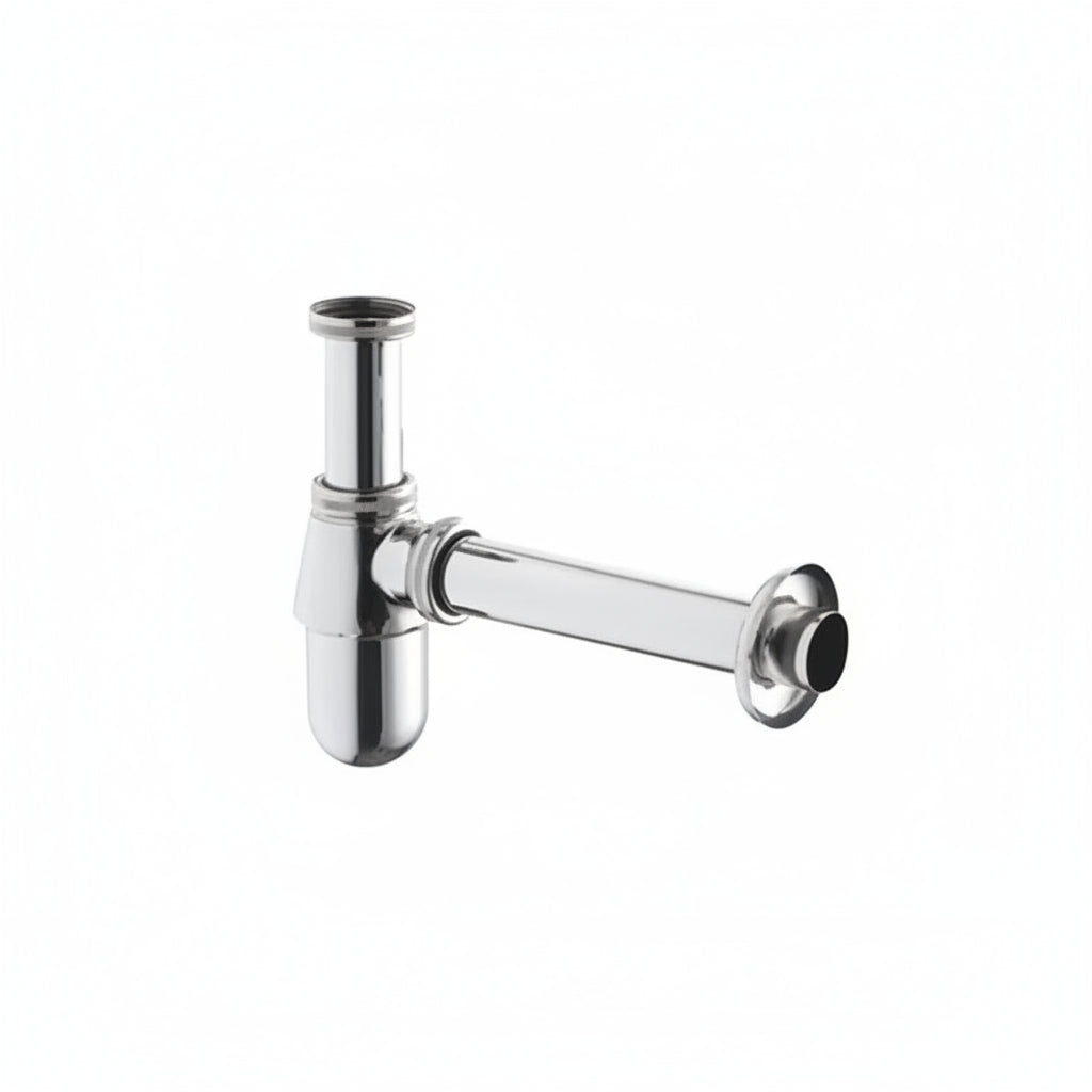 A polished chrome kitchen sink drain assembly with a P-tray and horizontal drain pipe.