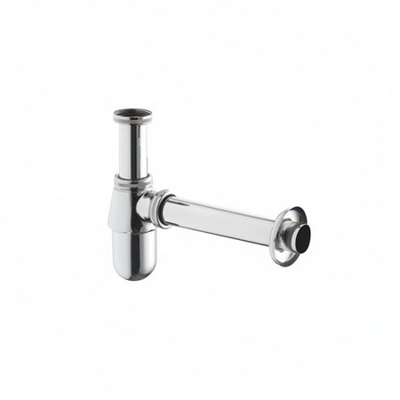 A polished chrome kitchen sink drain assembly with a P-tray and horizontal drain pipe.