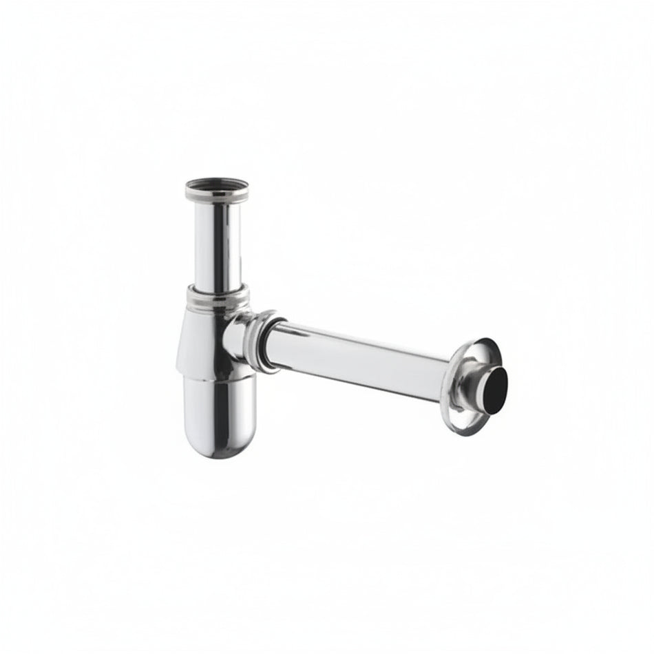 A polished chrome kitchen sink drain assembly with a P-tray and horizontal drain pipe.