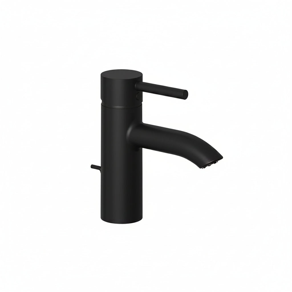 A matte black single-handle bathroom faucet with a curved spout and side switch.