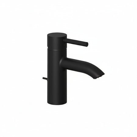 A matte black single-handle bathroom faucet with a curved spout and side switch.