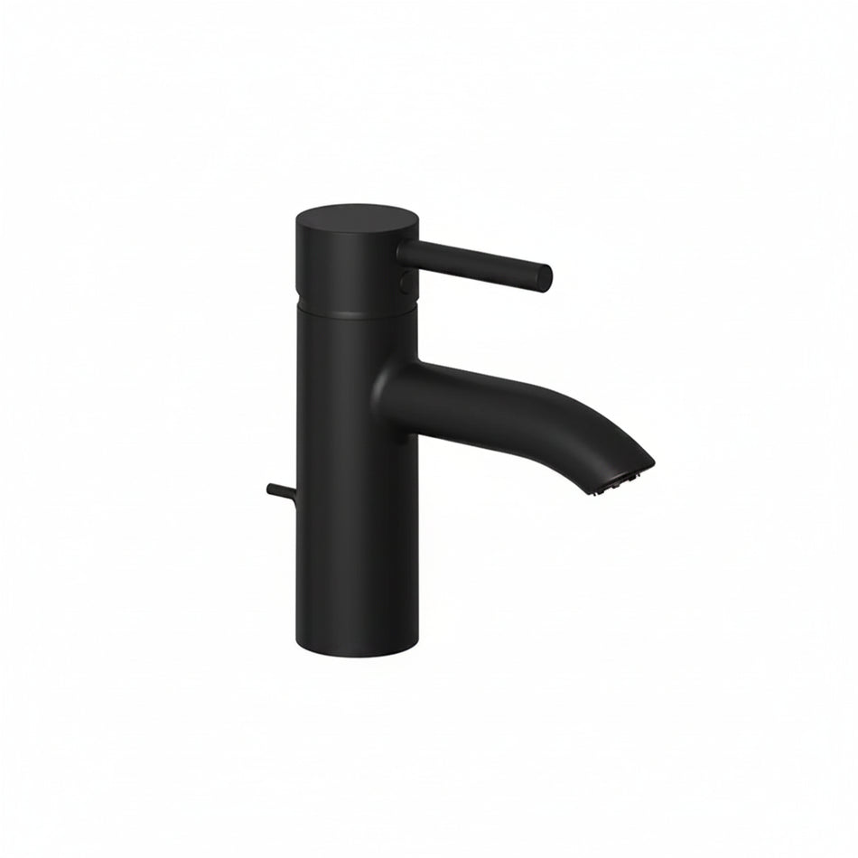 A matte black single-handle bathroom faucet with a curved spout and side switch.