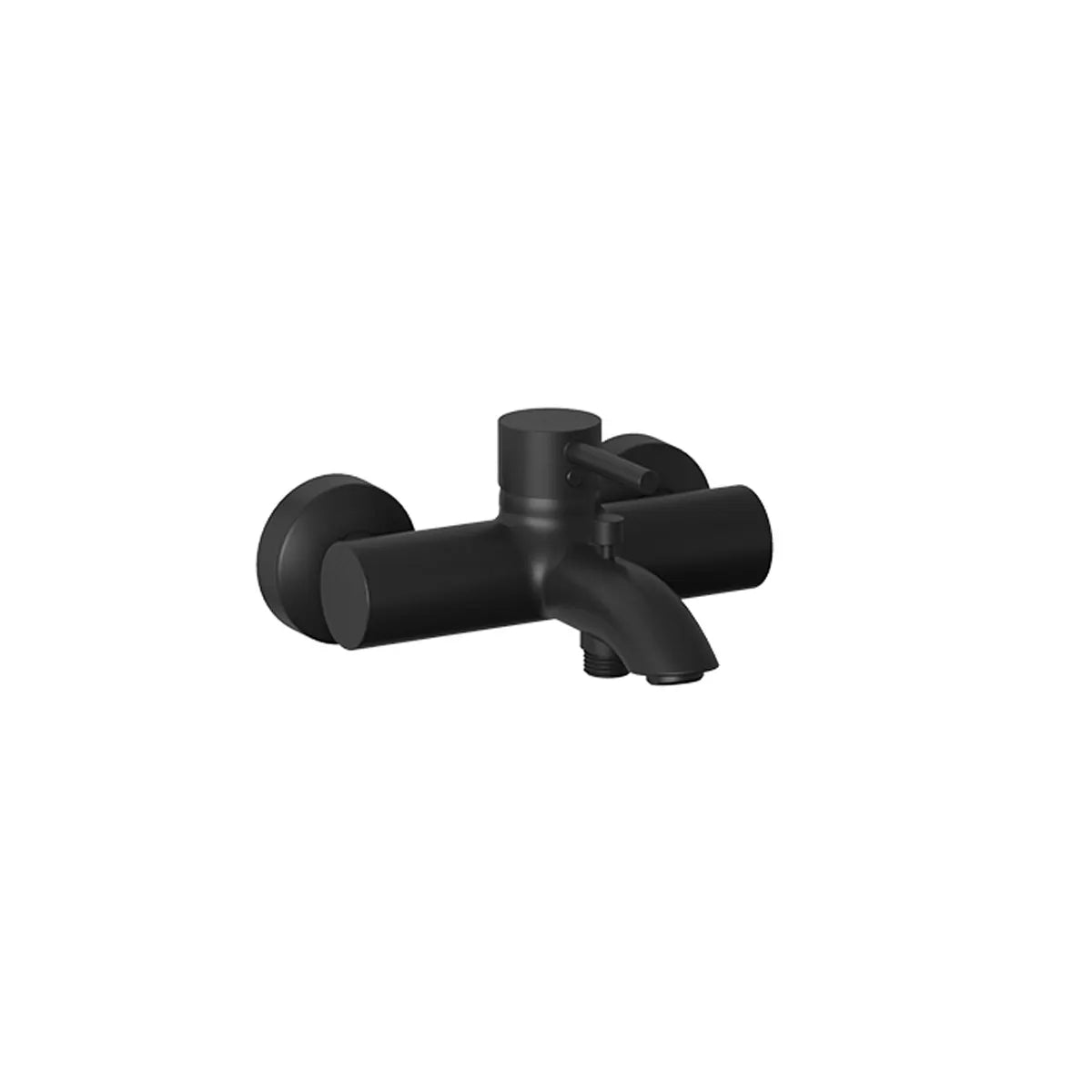 A matte black wall-mounted shower fixture with a cylindrical body, side handles, and a curved spout.