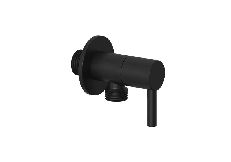 A matte black single-handle faucet spout with a circular wall flange and threaded connections.