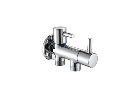 A wall-mounted chrome bathroom faucet with a single lever handle.