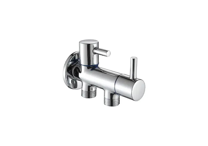 A wall-mounted chrome bathroom faucet with a single lever handle.