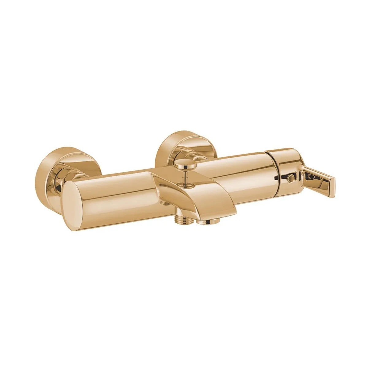 A polished brass wall-mounted bathtub faucet with a cylindrical spout and lever handle.