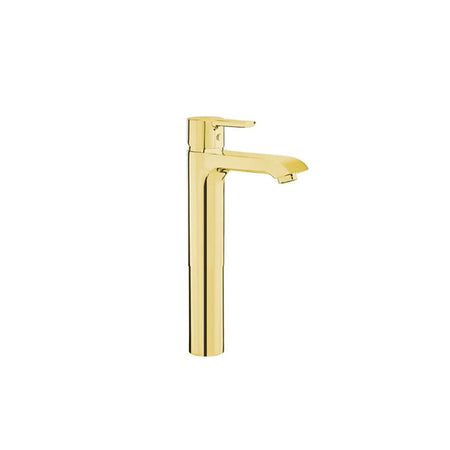 A modern single-handle bathroom faucet in a polished gold finish.
