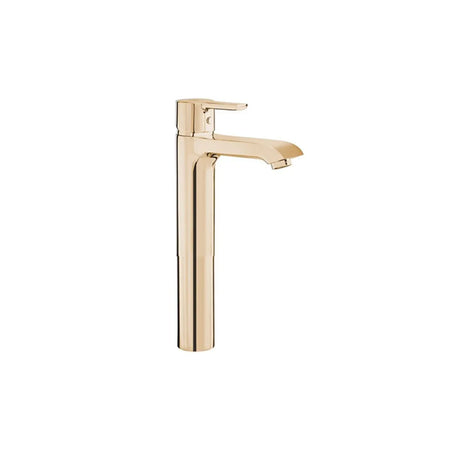 A modern single-handle bathroom faucet in a polished warm gold finish.