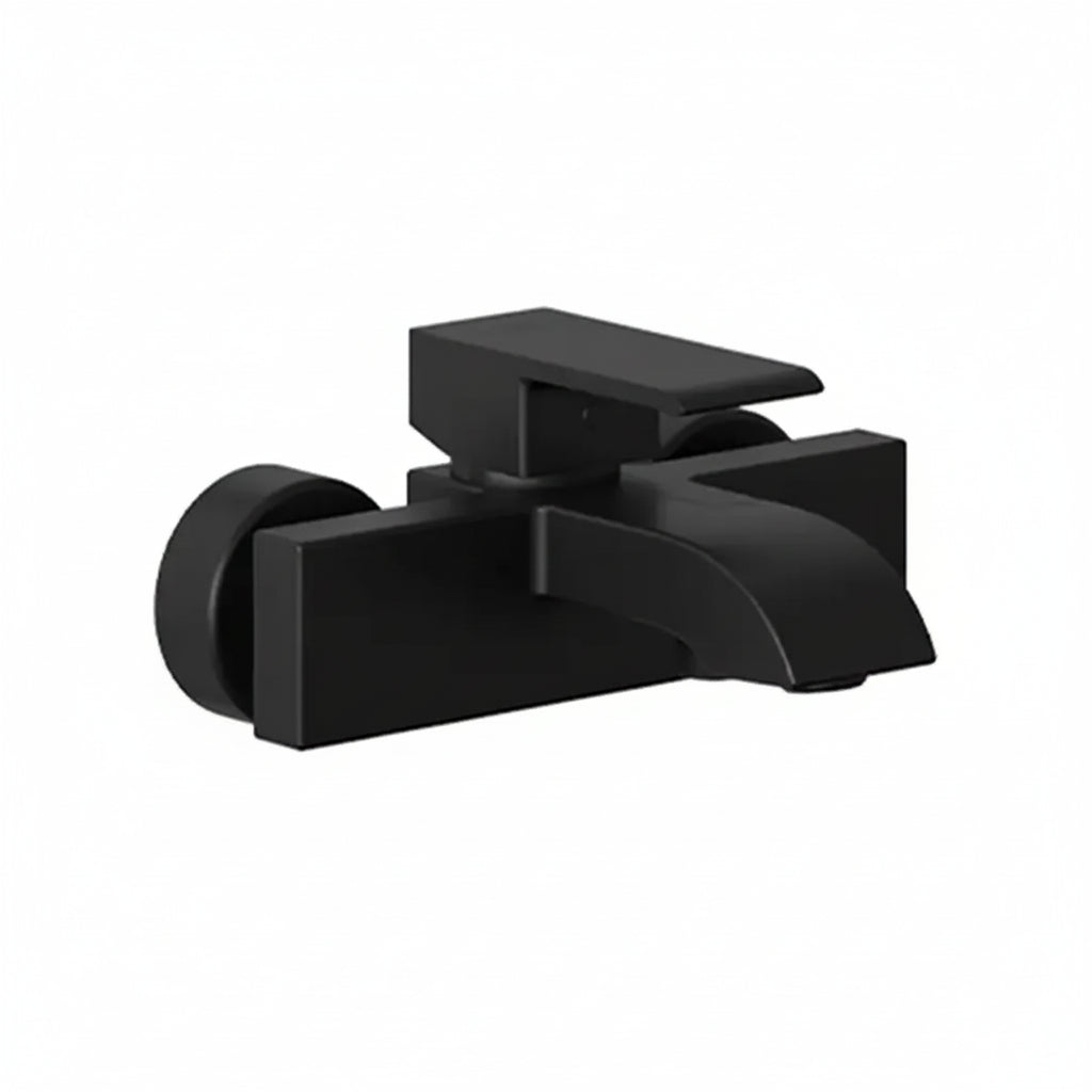A matte black single-handle bathtub faucet with a curved spout and a round wall-mount base.
